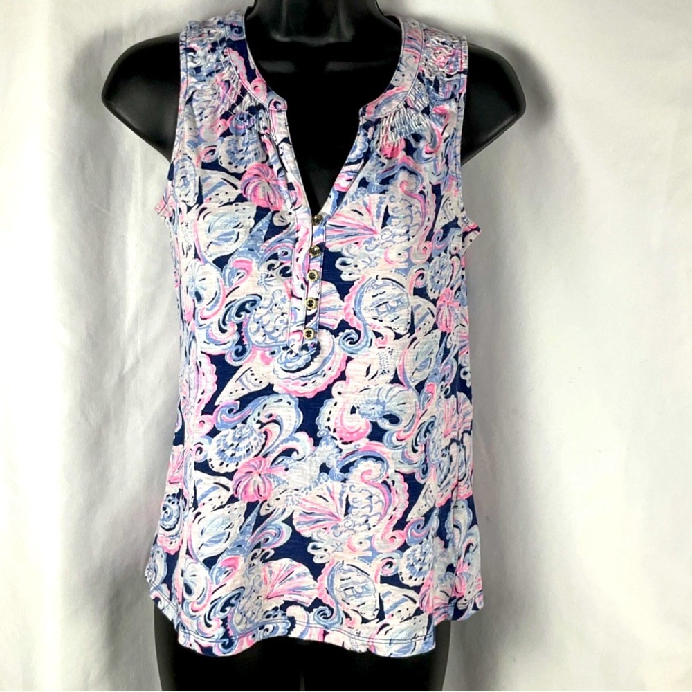 Lilly Pulitzer Essie Seashell Sleeveless Top Size XXS Blue/Pink‎ Beachy Buttons